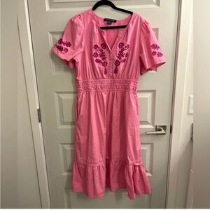French connections Pink Embroidered V-Neck Midi Dress -size L-NWOT